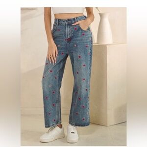 Oli & Hali washed heart embroidered denim boyfriend jeans small NWT